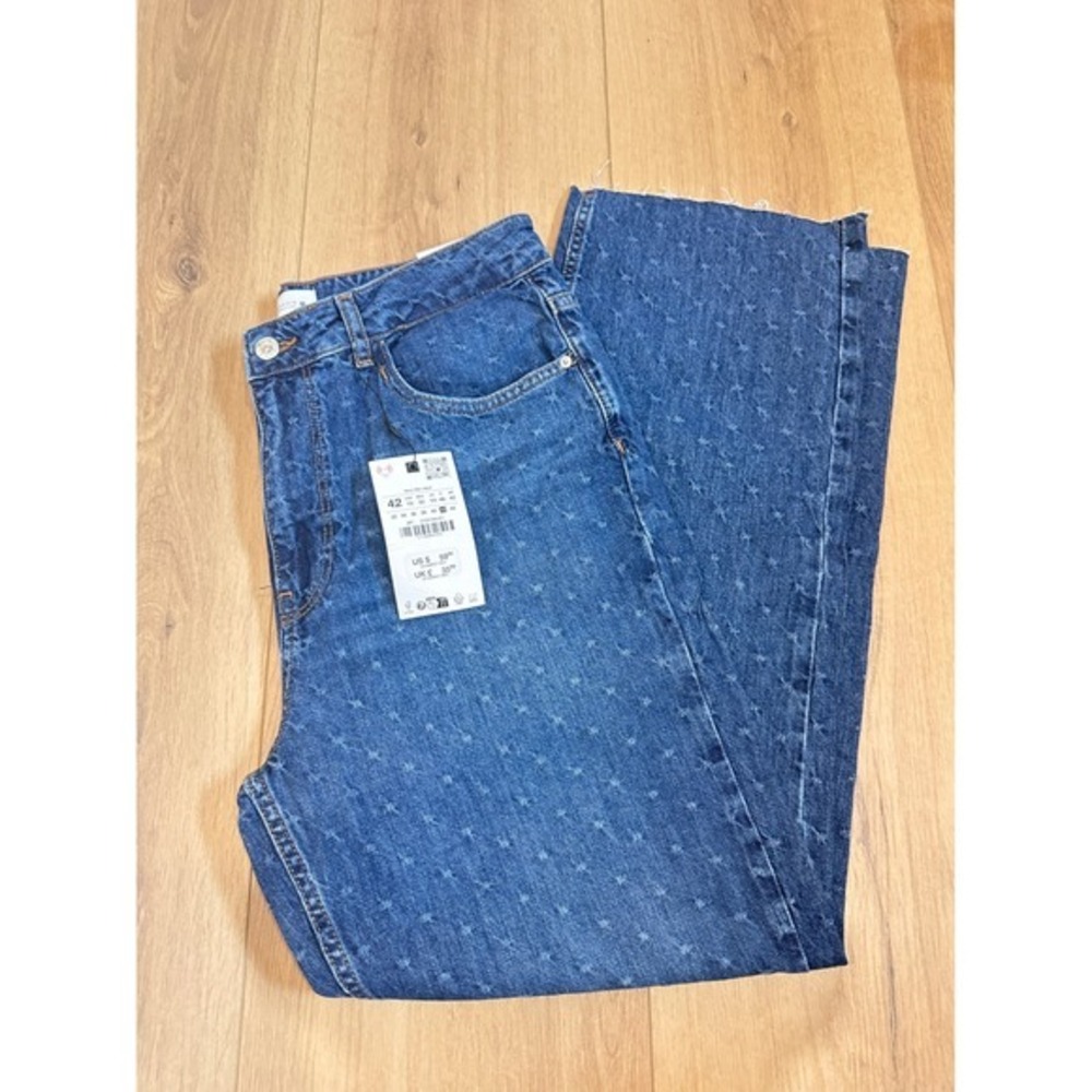 Zara Star Embroidered Straight Fit Jeans Blue High Rise Raw Hem Size 10 NEW